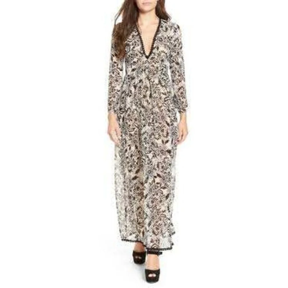 For Love & Lemons Maxi Dress Womens XS Black Cream Floral Pom Pom Bodysuit